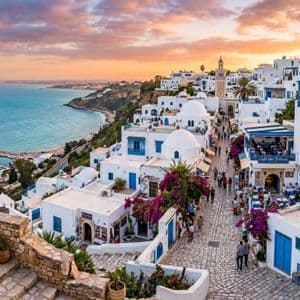 Eine Küstenstadt mit weiß-blauen Gebäuden blickt auf einen Yachthafen voller Boote und das Meer bei einem farbenprächtigen Sonnenuntergang.