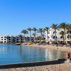 Ein Sandstrand vor weißen Hotelgebäuden, gesäumt von Palmen und Sonnenliegen, mit ruhigem Wasser unter klarem blauem Himmel.