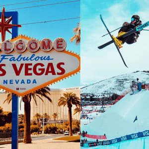 Un díptico que muestra el cartel de «Bienvenido a Las Vegas» a la izquierda y un esquiador de estilo libre en el aire sobre una pendiente nevada a la derecha.