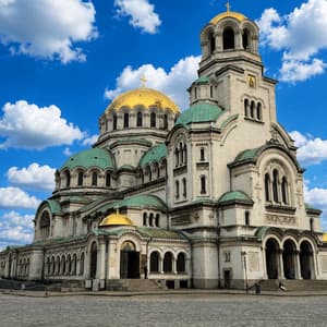 Une grande cathédrale blanche avec des dômes dorés et verts se dresse sur une place pavée sous un ciel bleu avec des nuages.