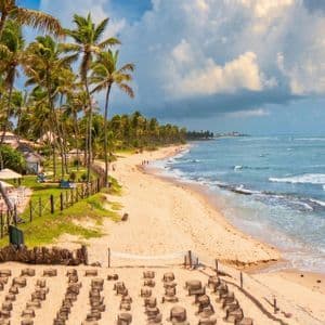 Ampia veduta di una spiaggia tropicale sabbiosa fiancheggiata da palme, adiacente a un'area resort con posti a sedere all'aperto e un campo da pallavolo.