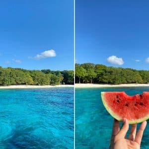 Ein Diptychon, das eine tropische Insel mit türkisfarbenem Wasser und eine Hand zeigt, die eine Scheibe Wassermelone vor der Aussicht hält.