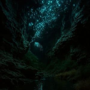 Lucciole bioluminescenti pendono dal soffitto di una grotta buia, la loro luce blu si riflette sull'acqua calma di un ruscello sottostante.