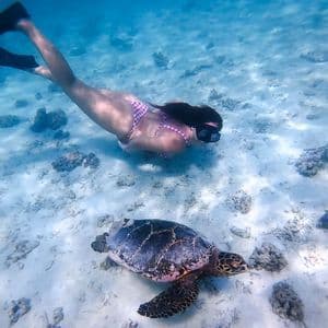 Una donna con maschera da snorkeling e pinne nuota sott'acqua accanto a una grande tartaruga marina sopra un fondale sabbioso.