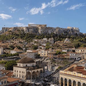 L'Acropoli si trova su una collina rocciosa che domina gli edifici storici e i tetti di Atene in una giornata di sole.