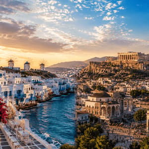 Immagine composita che mette a confronto i mulini a vento di Mykonos con l'antica Acropoli di Atene, due iconiche destinazioni greche.
