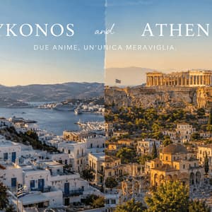 Un'immagine a schermo diviso che contrappone i mulini a vento di Mykonos sulla sinistra con l'Acropoli di Atene sulla destra al tramonto.