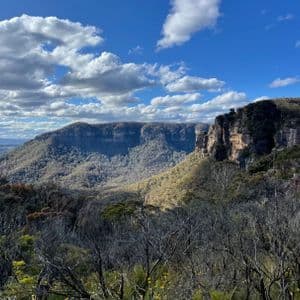 The Blue Mountains valley Sandstone cliffs above a eucalyptus valley in the Blue Mountains, under a sky of scattered cloud.