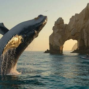 Un viaggio di gruppo WeRoad in barca osserva una balena megattera che salta accanto a un grande arco di roccia al tramonto.
