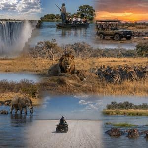 Eine Fotocollage einer WeRoad Gruppenreise-Safari mit Wasserfall, Elefanten, Löwen, Zebras und Flusspferden.