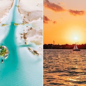 Ein Diptychon, das eine Luftaufnahme einer türkisfarbenen Lagune mit einem gesunkenen Boot und ein Segelboot auf dem Meer bei Sonnenuntergang zeigt.