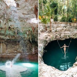Ein Diptychon zeigt das Innere einer Cenote mit Stalaktiten und einem Wasserspritzer, sowie eine Frau auf einer Schaukel über der Cenotenöffnung.