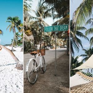 Eine Collage aus drei tropischen Szenen: einer Frau am Sandstrand, einem Fahrrad neben einem 'Follow that Dream'-Schild und einer Hängematte.