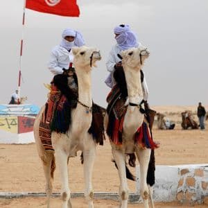 Due uomini in abiti tradizionali bianchi sono seduti su due cammelli bianchi nel deserto, con una bandiera tunisina che sventola su un'asta alle loro spalle.