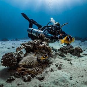 Un buzo con equipo completo nada cerca del fondo marino, observando varios peces payaso junto a un arrecife de coral y una anémona de mar.