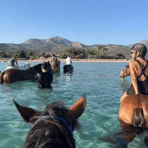 Voyage de groupe WeRoad : Balade à cheval dans les eaux claires et peu profondes d'une baie, avec les montagnes en toile de fond.