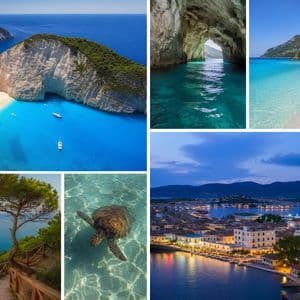 Un collage di sei immagini di scene costiere greche, tra cui una spiaggia con relitto, una grotta marina, una tartaruga marina e una cittadina costiera al tramonto.