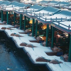 Una veduta dall'alto di barche turistiche coperte di neve, ormeggiate in fila lungo un corso d'acqua ghiacciato.