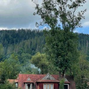 Une maison rustique au toit rouge est située au pied d'une colline dense et boisée, avec de la fumée s'élevant de sa cheminée.