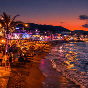 Una spiaggia affollata al tramonto, con persone che si godono la vita notturna in bar e locali illuminati sul lungomare, sotto un cielo colorato.