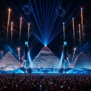 Une foule nombreuse assiste à un concert nocturne avec un spectacle de lumière bleue et des feux d'artifice qui explosent derrière trois grandes pyramides.