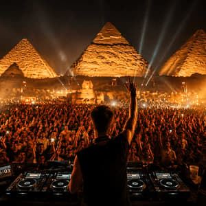 Un DJ vu de dos se produit devant une foule immense lors d'un concert de nuit, face aux Pyramides et au Sphinx illuminés.
