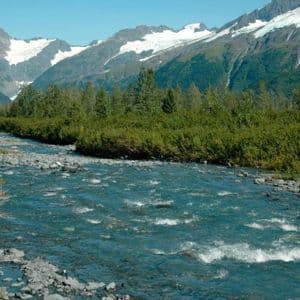 Un fiume azzurro e limpido scorre su un letto roccioso attraverso una foresta verde, con grandi montagne innevate sotto un cielo sereno.