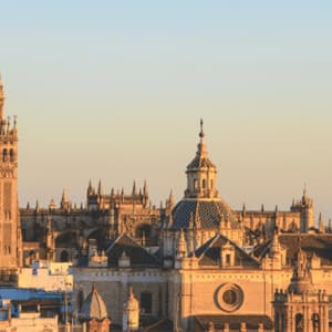 Una cattedrale sontuosa e il suo imponente campanile sono illuminati dalla luce dorata del sole su un fitto paesaggio urbano al tramonto.