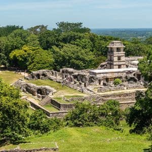 Vue grand-angle de ruines en pierre antiques, dont une tour proéminente, entourées d'une jungle verte dense sous un ciel clair.