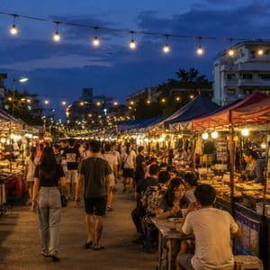 Un vivace mercato di strada di notte, con persone che fanno acquisti e mangiano alle bancarelle sotto file di luci.