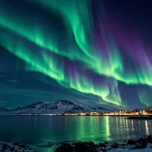 L'aurora boreale verde e viola illumina il cielo notturno stellato sopra una città costiera illuminata e montagne innevate.