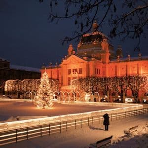 An illuminated building overlooks a snowy outdoor ice rink with a large Christmas tree at night.