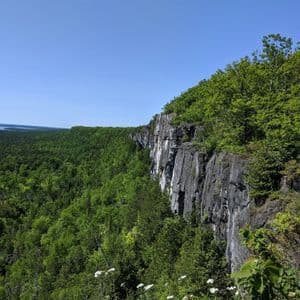 Una ripida scogliera rocciosa coperta di alberi verdi si affaccia su una vasta foresta, con un lago in lontananza sotto un cielo sereno.