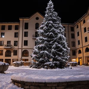 Un grande albero di Natale illuminato si erge in una piazza di paese innevata di notte, circondato da edifici.