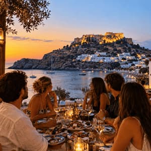 Un viaggio di gruppo WeRoad a cena all'aperto vicino al mare al tramonto con vista su una fortezza illuminata in cima a una collina