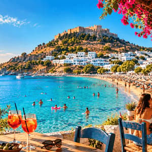 Le persone siedono sulla terrazza di un ristorante sulla spiaggia che domina i nuotatori nelle limpide acque blu del mare e una fortezza sulla collina.