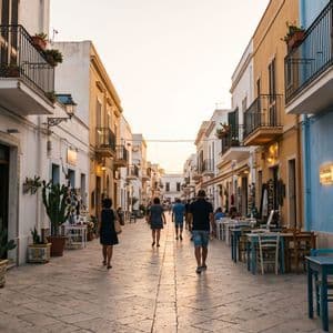 Le persone passeggiano lungo una strada pedonale soleggiata fiancheggiata da edifici pastello, balconi e tavolini di ristoranti all'aperto