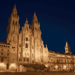 Una grande e sontuosa cattedrale in pietra con molteplici guglie illuminate da luci calde contro un cielo notturno scuro, con persone nella piazza sottostante.