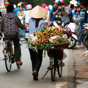 A person wearing a conical hat pushes a bicycle laden with baskets of fresh lychees along a busy city street.