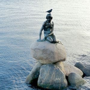 Eine Bronzestatue einer Meerjungfrau sitzt auf einem Felsen im Wasser, mit einem kleinen schwarzen Vogel auf ihrem Kopf.