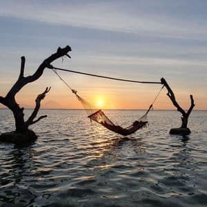 Eine Person entspannt sich bei Sonnenuntergang in einer Hängematte, die zwischen zwei kahlen Baumästen im Meer hängt.