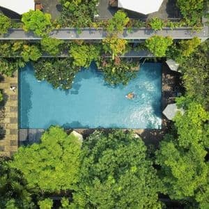 A top-down view of a person swimming in a rectangular pool surrounded by lush green trees and modern hotel architecture.
