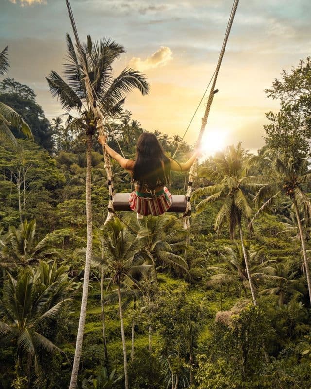 Una persona de espaldas en un enorme columpio, volando alto sobre un bosque tropical de palmeras al atardecer.