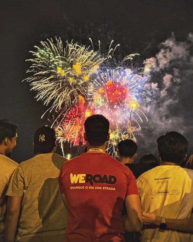 Eine WeRoad-Gruppe von hinten, die ein farbenfrohes Feuerwerk vor dem dunklen Nachthimmel betrachtet.