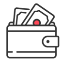 An outlined icon of a dark grey wallet filled with banknotes against a black background.