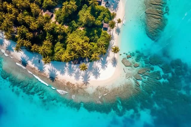Luftaufnahme einer tropischen Halbinsel mit Palmen, einem weißen Sandstrand und klarem türkisfarbenem Wasser über einem Korallenriff.