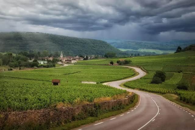 A winding road snakes through lush green vineyards towards a distant village under a sky full of dark storm clouds.