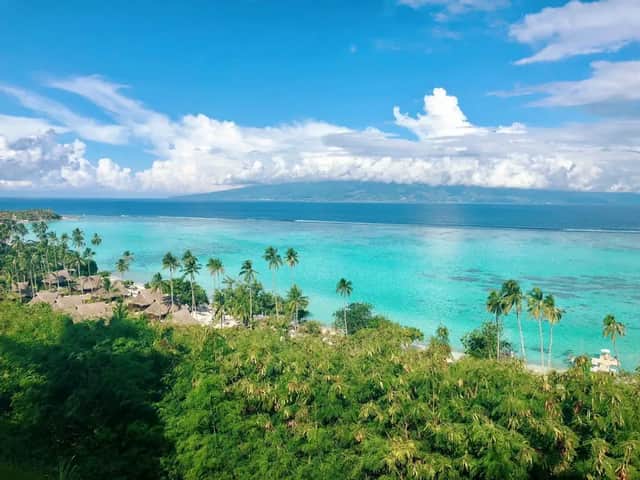 Una vista dall'alto sopra le cime degli alberi di una costa tropicale, con palme, capanne sulla spiaggia e acqua turchese, e una grande isola all'orizzonte.