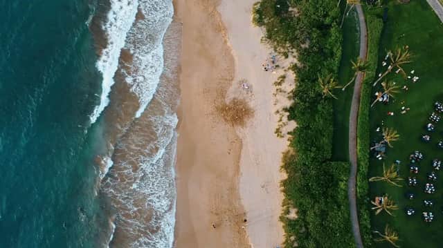 Vista aérea de una costa que muestra el océano, una playa de arena y un parque verde adyacente con gente.