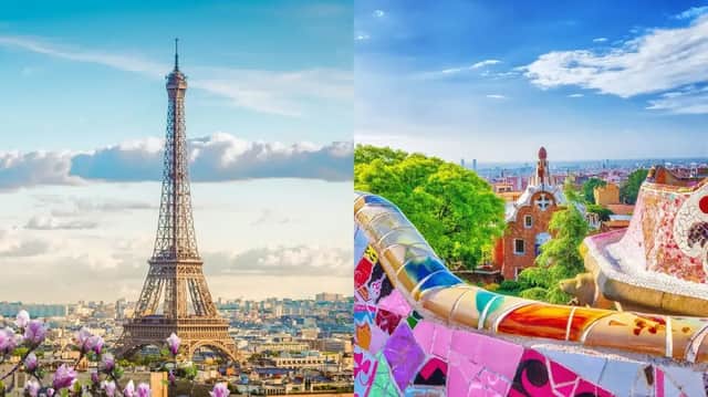 Une image divisée présentant la Tour Eiffel à Paris d'un côté et le Parc Güell à Barcelone de l'autre.